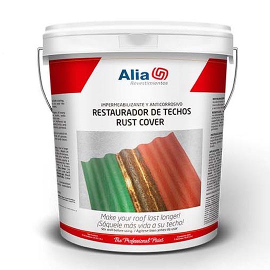 Rust Cover (ceiling restores )is a four-part acrylic coating: a) Waterproofing with mineral grain, seals cracks to up to 1 mm wide, and holes 2 mm in diameter, b) In white, it generates thermal insulation up to 17 Â° C on metal roof surfaces exposed to the sun; C) Adhesive to oxidized metal, thus stopping the mechanical deterioration, serves on a primary basis with corrosion inhibitors, and d) Provides a matte acrylic finish, textured, resistant to rain, UV rays, washing and fungi. It adheres firmly to concrete, galvanized iron, asphalt, wood, brick, polyurethane foam and previously painted surfaces.